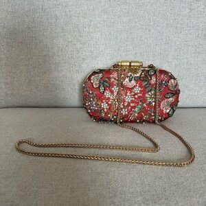 Red Floral Embellished Clutch with Gold Chain